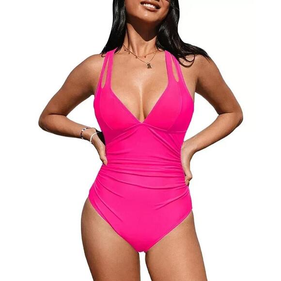 NWT Cupshe Release Happiness Ruched Cross Back One Piece Swimsuit - Size Medium - Picture 1 of 2